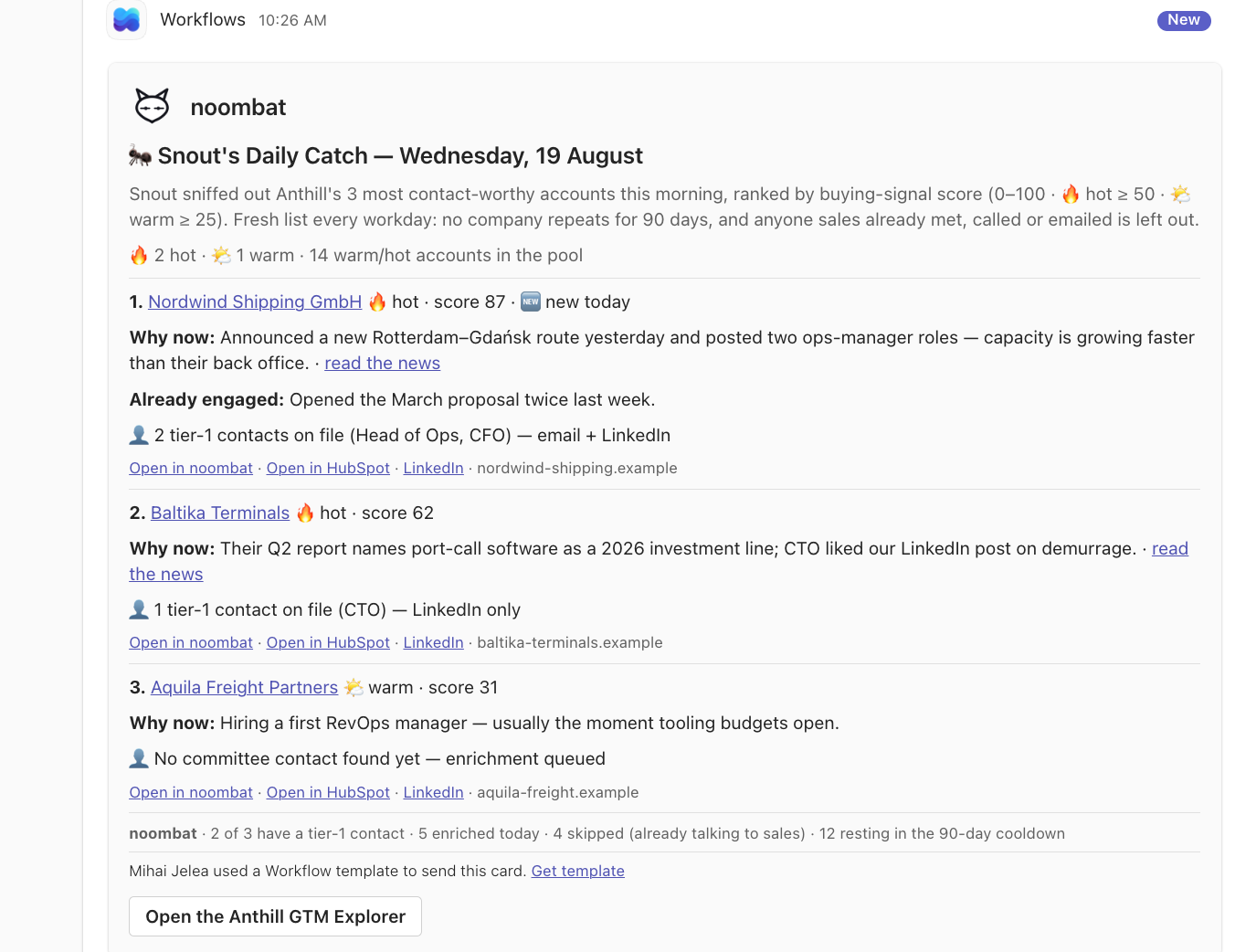 Snout's Daily Catch rendered as a card in a Teams channel: ranked accounts with why-now reasons, contacts, and an Open the GTM Explorer button