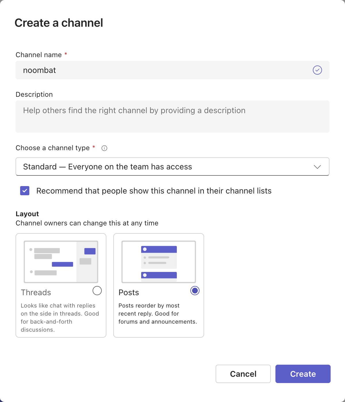 Teams' Create a channel dialog with the name noombat, channel type Standard and the Posts layout selected
