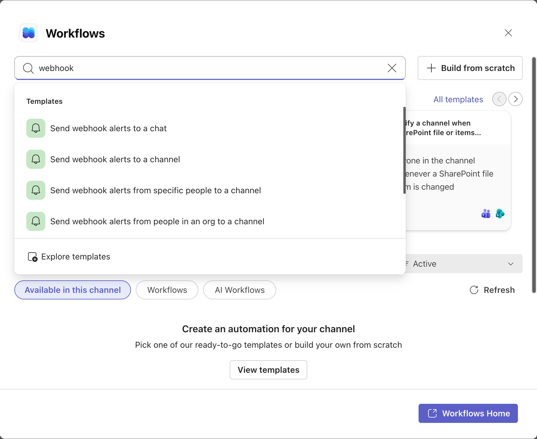 The Workflows dialog with webhook typed into Find templates and the Send webhook alerts to a channel template in the results