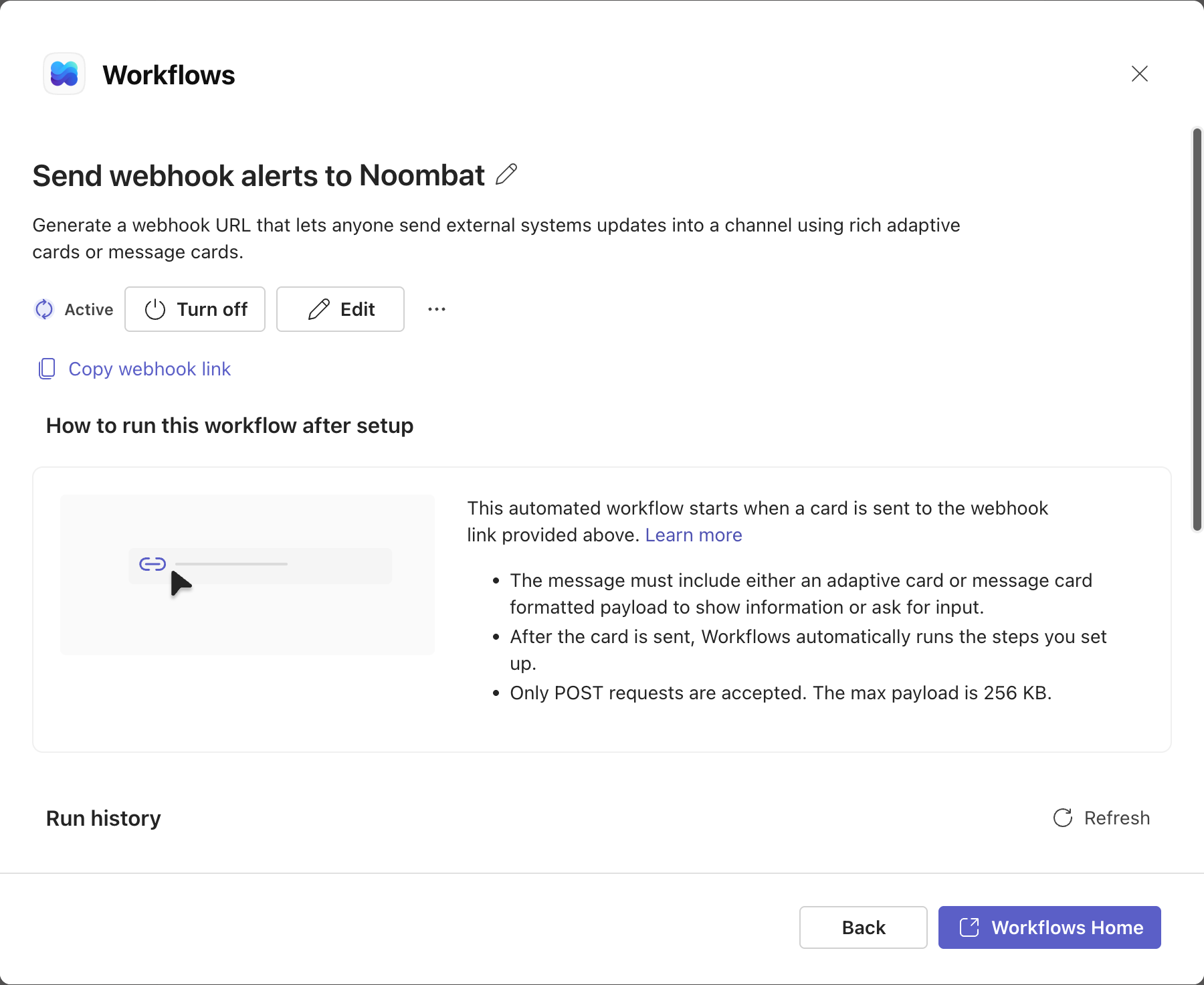 The created workflow's page showing the Active status, the Copy webhook link button and the run history section