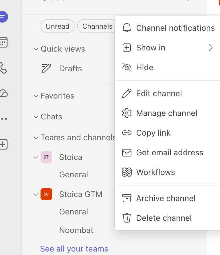 The channel's ⋯ menu opened, with the Workflows entry highlighted