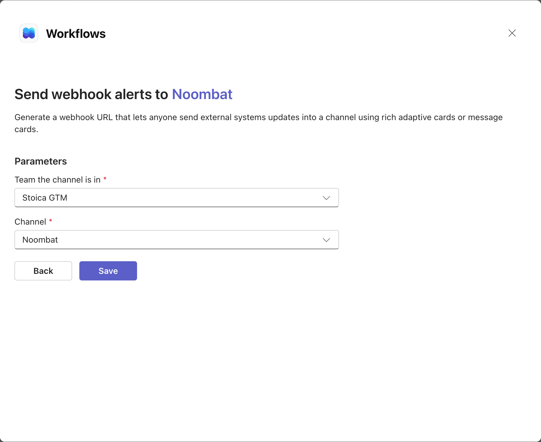 The workflow's Edit view showing the Team and Channel dropdowns filled with real names