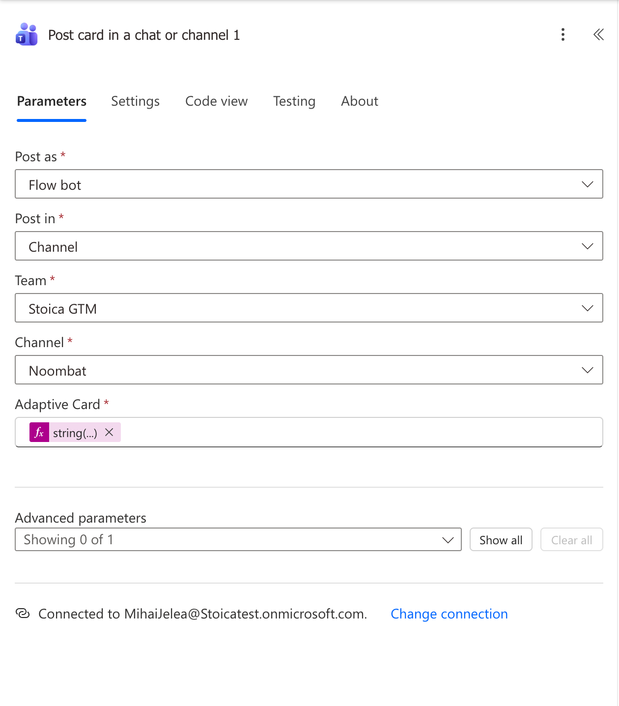 Parameters of Post card in a chat or channel 1: Post as Flow bot, Post in Channel, Team and Channel filled with real names, Adaptive Card holding an expression token