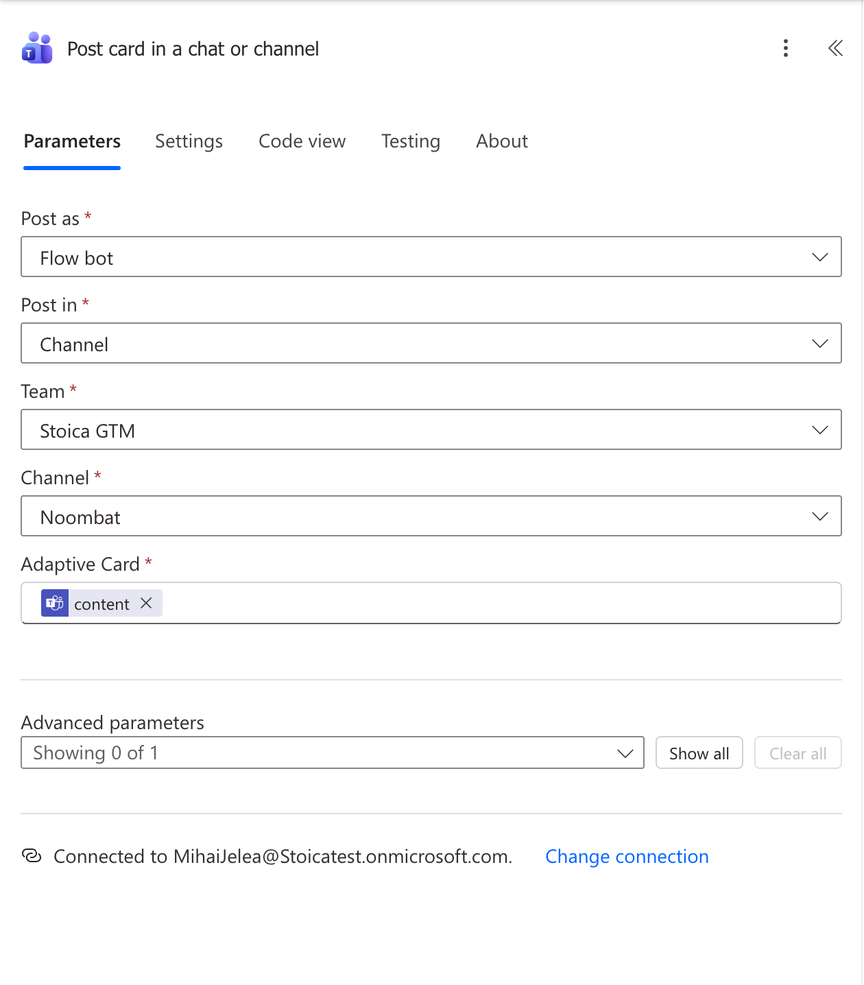 Parameters of the second posting action inside the For each loop, with Team and Channel filled with real names